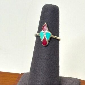 Vintage Sterling Native American Zuni Inlay Red and Blue Pinky Ring Size 5.25
